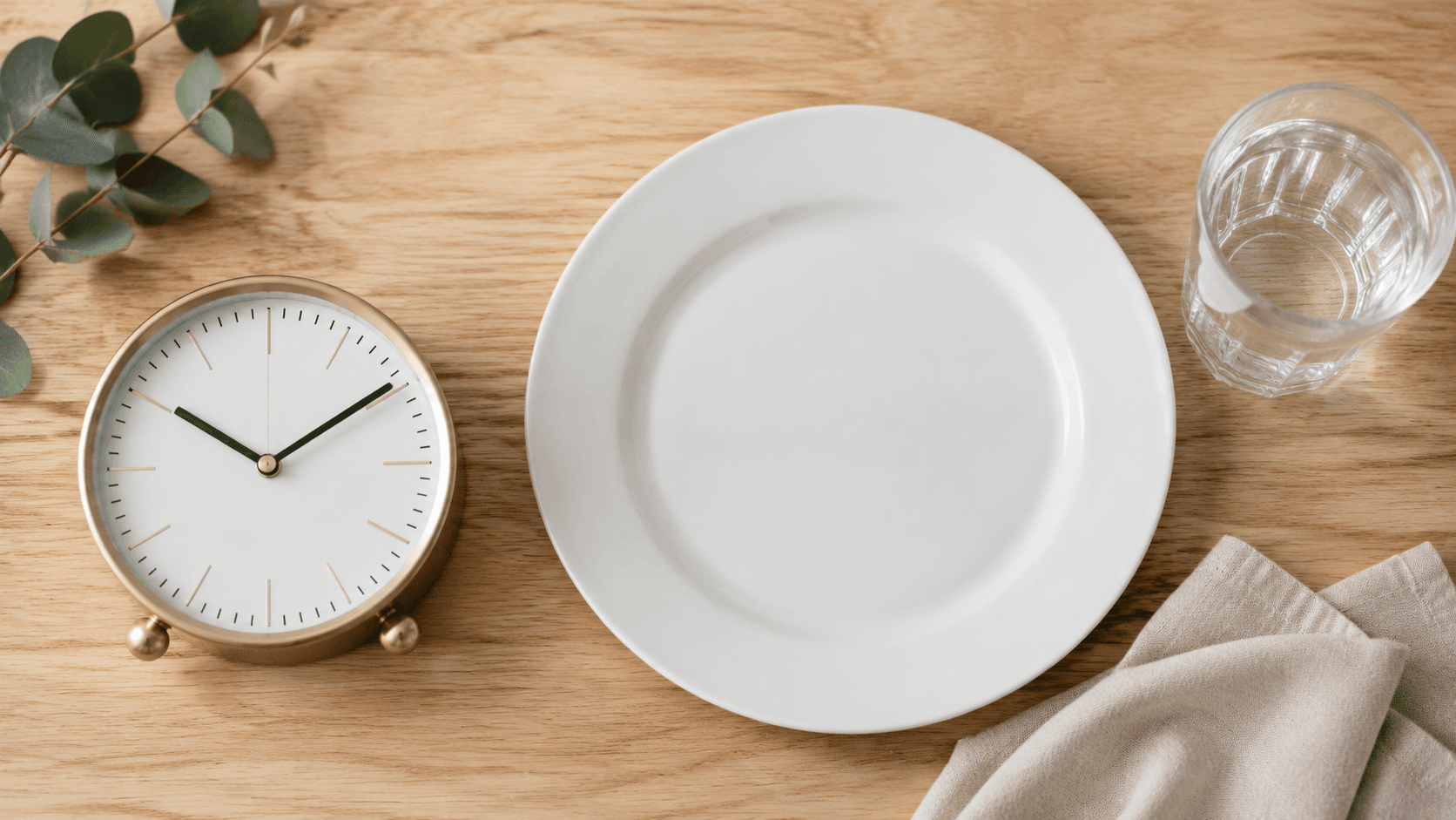 Orologio e piatti vuoti che rappresentano il digiuno intermittente