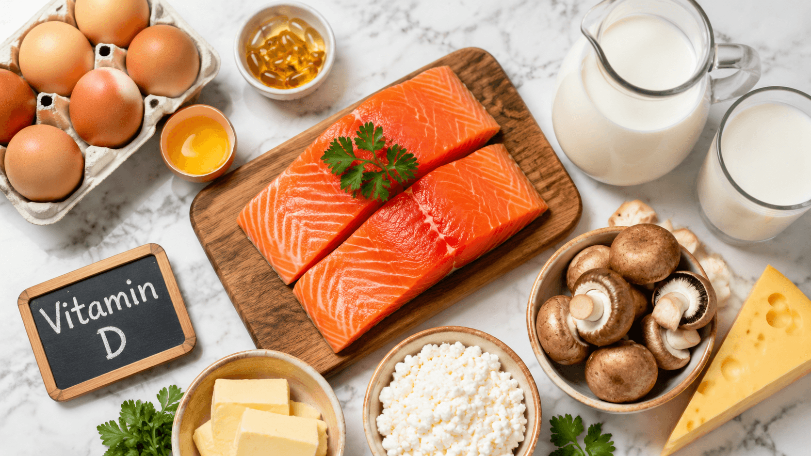 Alimenti ricchi di vitamina D disposti su tavolo